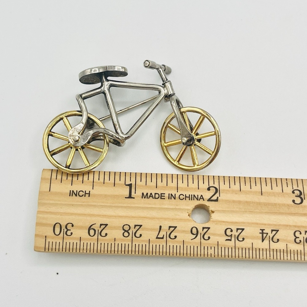 Vintage Silver Gold Bicycle Bike Brooch Pin Articulated Wheels Handle Movable 2" - Picture 4 of 5